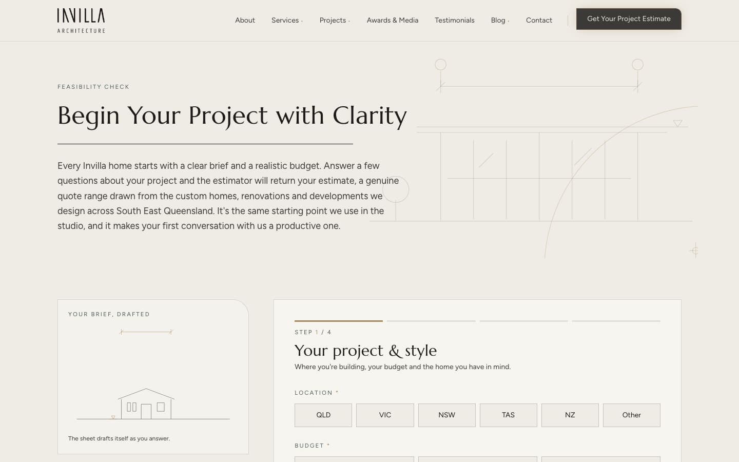 Invilla Architecture project estimator, step one of four