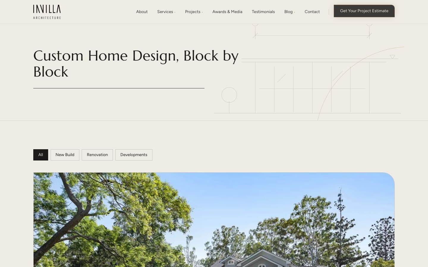 Invilla Architecture projects page with filters for new build, renovation and developments
